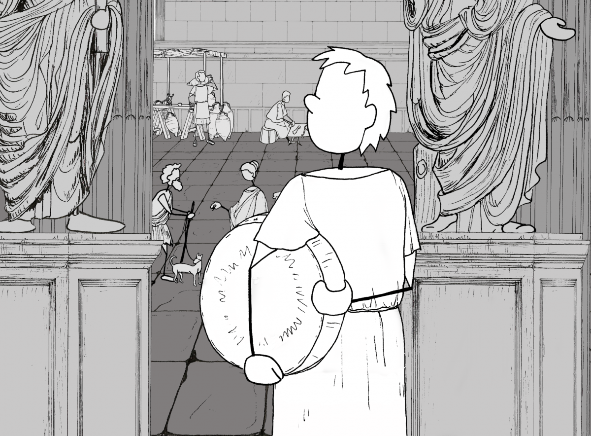 Amarantus in the forum In the foreground Amarantus carrying a large round wheel of cheese and standing between two large statues on columnar plinths. Behind is a marketplace scene in the forum.